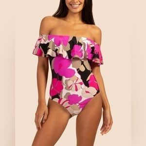Trina Turk‎ Lynx Gemini Floral Pink Ruffle Off the Shoulder One Piece